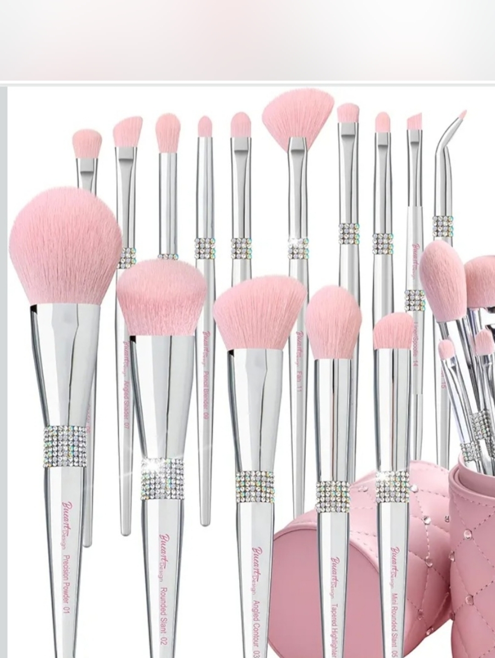 Pink Quilted Rhinestone Makeup Brush Holder W/Brushes - Picture 3 of 11
